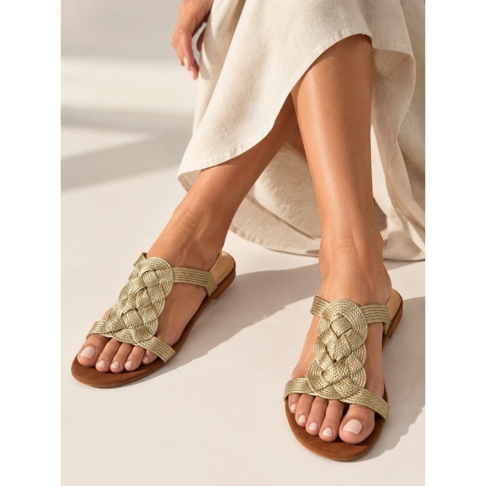 120% Lino Braided Metallic Luxury Slide Sandals Women's EU 41 Gold Woven Leather